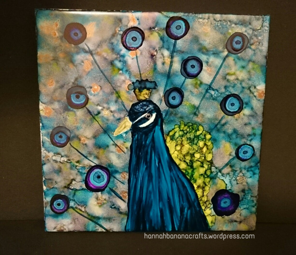 Ranger alcohol ink painted peacock tile