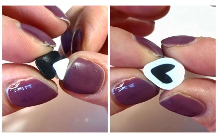 Step 2 of the polymer clay skull cane tutorial showing two photos, one showing how to add white clay to the teardrop nose shapes and the second shows the clay wrapped in more white clay.