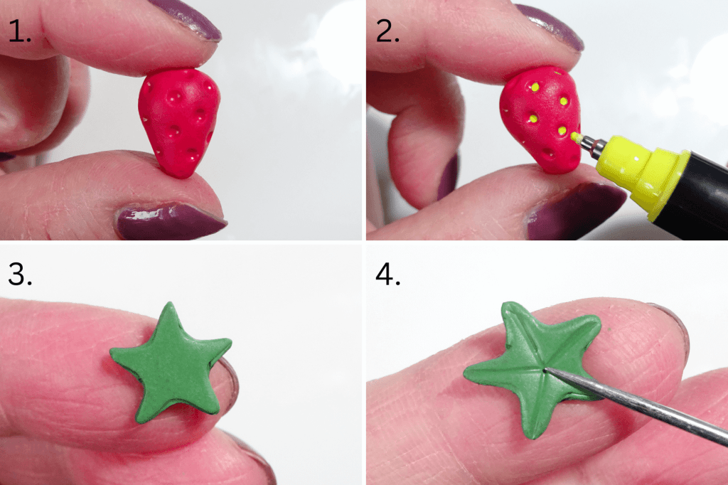 Four photos showing, step by step, how to make a polymer clay strawberry.