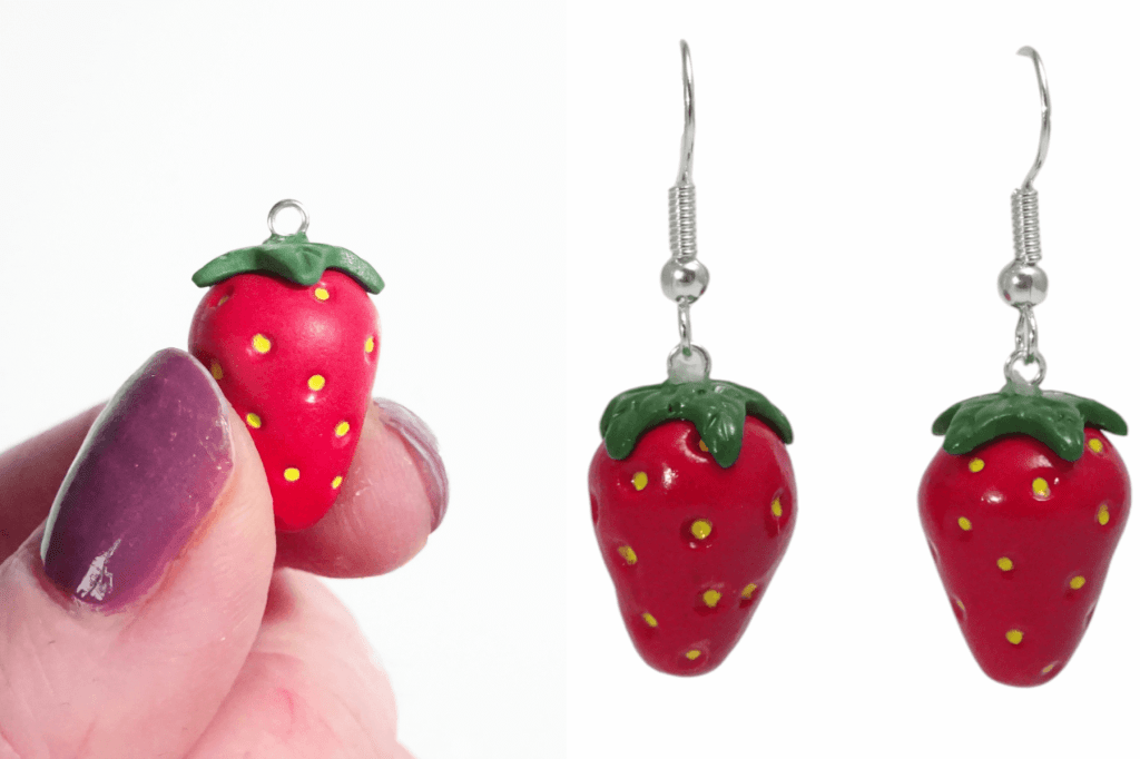 Two photos showing the finished polymer clay strawberry.