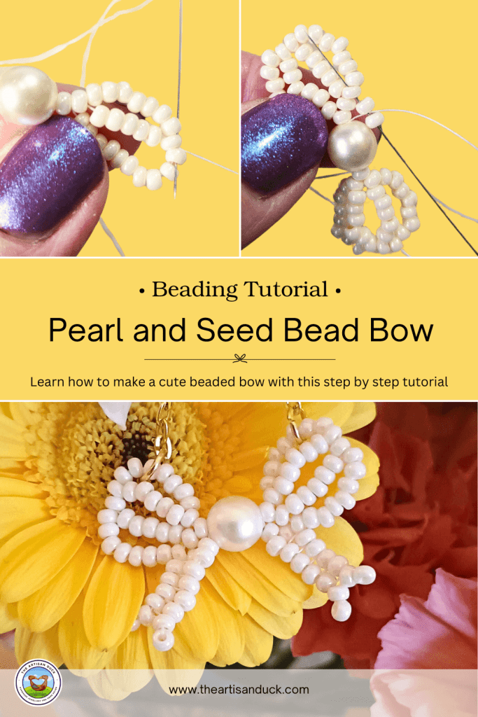 A Pinterest pin for a pearl and seed bead beaded bow tutorial