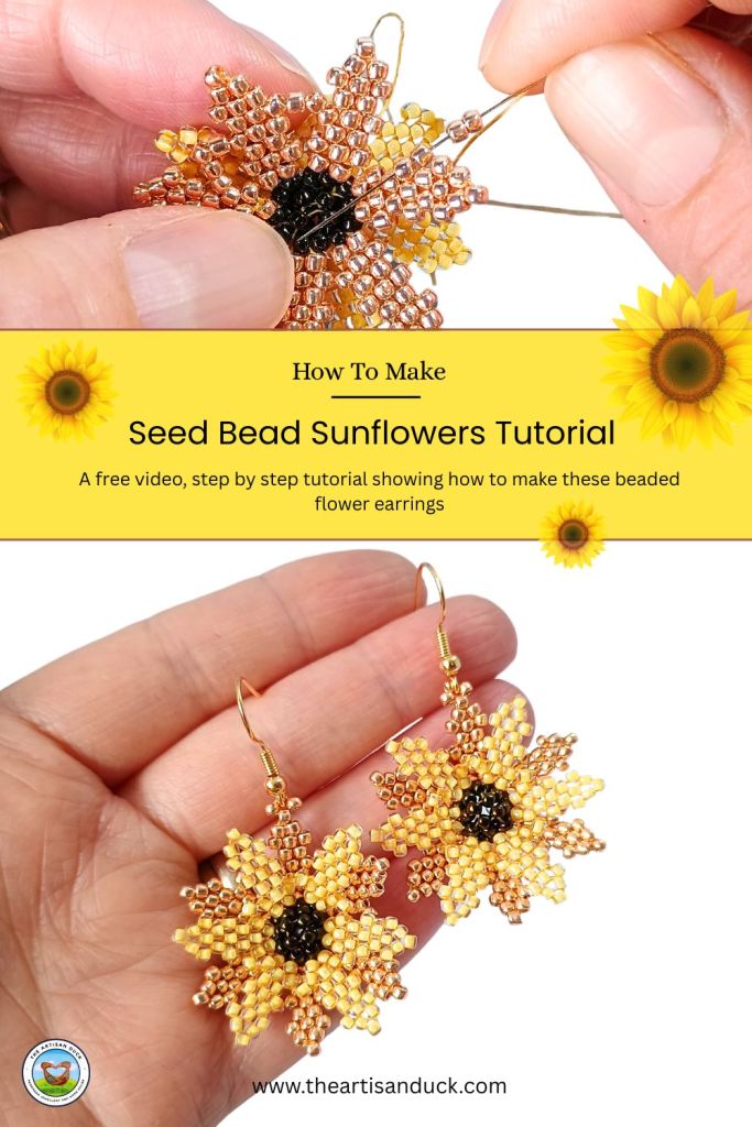 Two images of a pair of flower earrings made from seed beads.