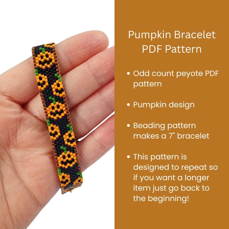 A peyote pumpkin bracelet with information about the beading pattern