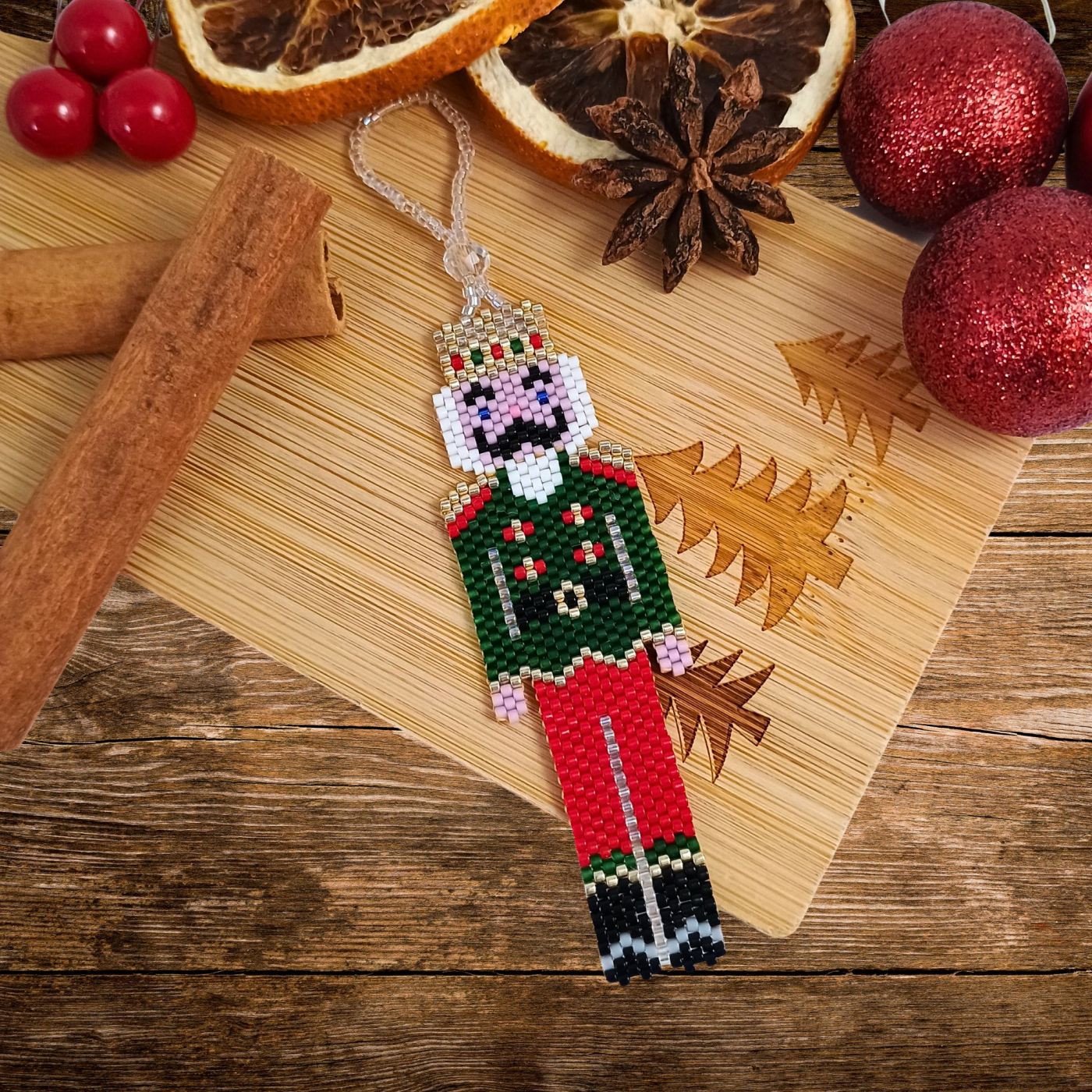 A beaded Nutcracker against a festive background