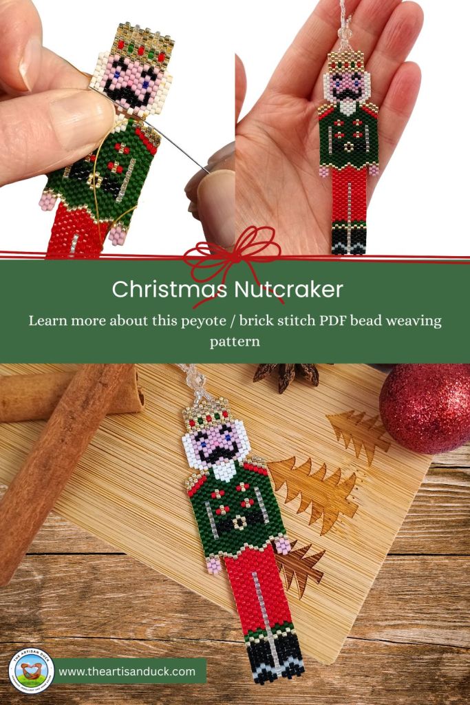 A picture showing three images of a peyote stitch Nutcracker