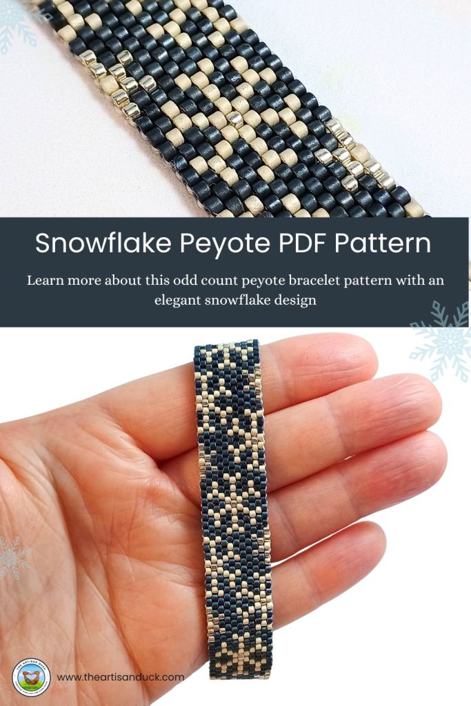 Two photos of a peyote stitch bracelet with a snowflake design