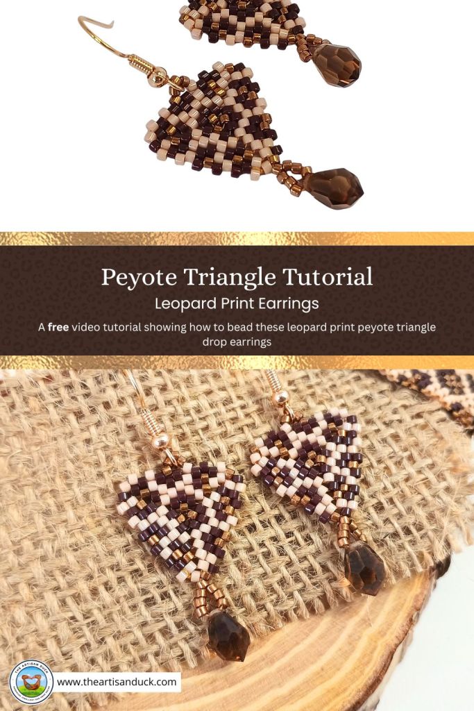 A Pinterest pin for a free tutorial on how to make leopard print peyote triangle earrings