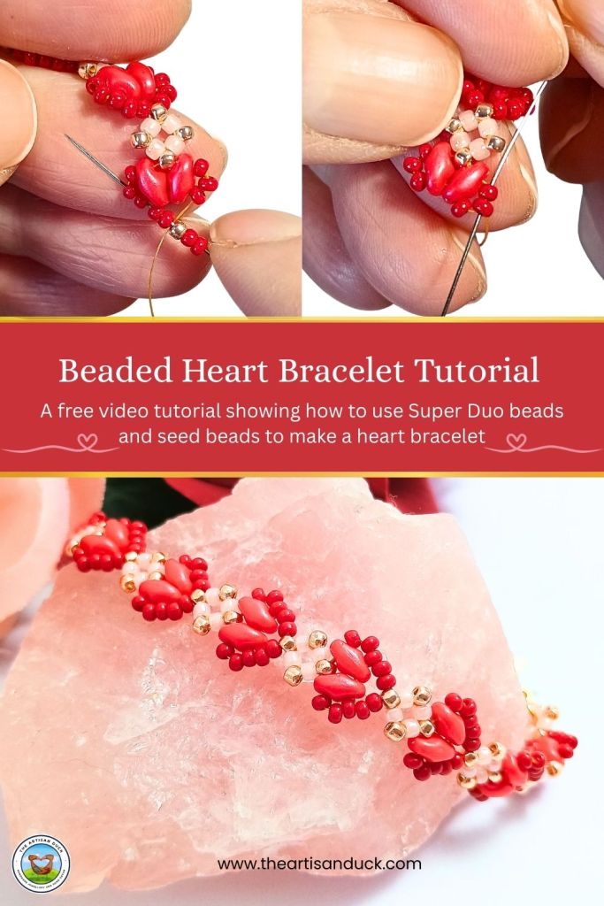 A Pinterest pin for a bead weaving tutorial on how to make a seed bead heart bracelet