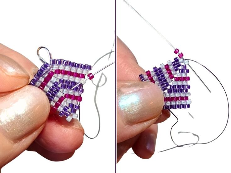 Two pictures showing some of the process of beading the kite earrings