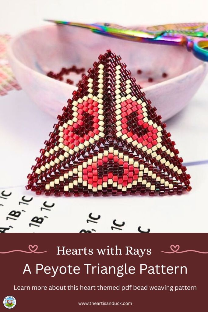 A Pinterest pin for a peyote triangle with a hearts and rays pattern