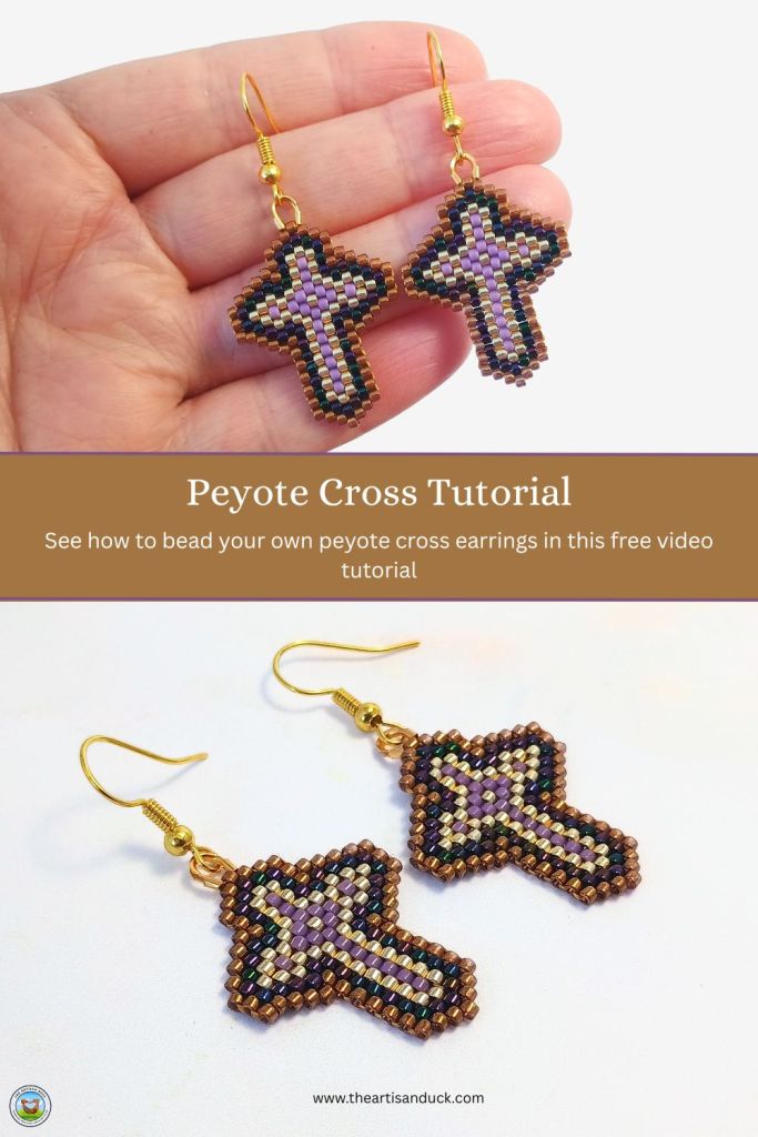 Photos of a pair of beaded cross earrings made using peyote stitch