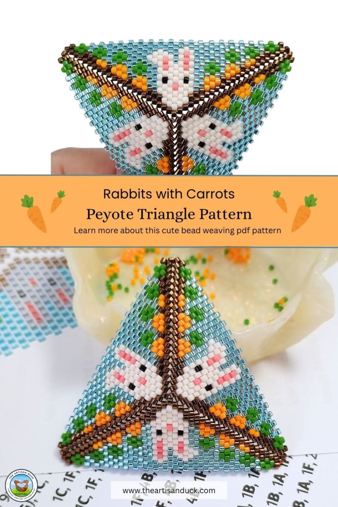 A Pinterest pin showing a peyote triangle with three rabbits amongst a bed of carrots.