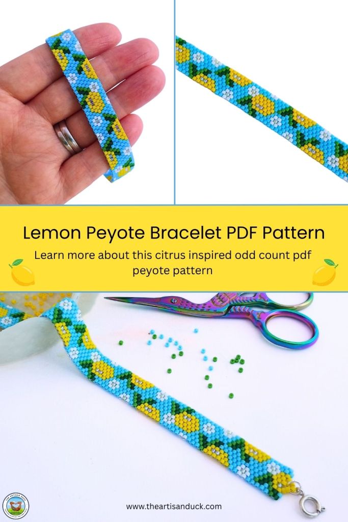 A Pinterest pin for an odd count peyote beading pattern of a bracelet with a lemon and flower pattern.