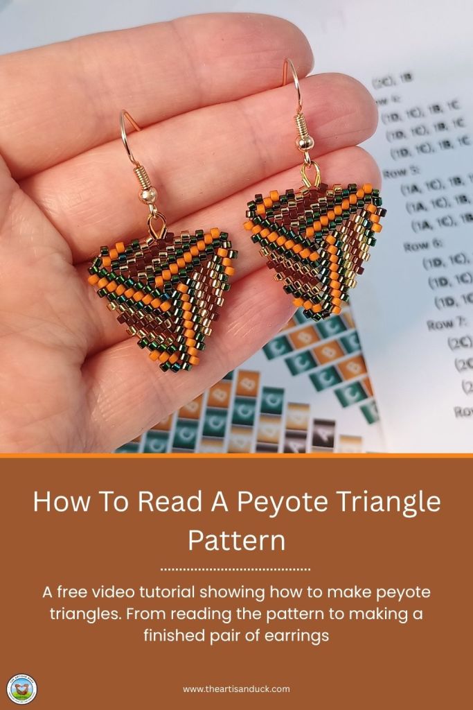 A Pinterest pin for a tutorial showing how to read a peyote triangle pattern and how to bead the triangle to make a pair of earrings.