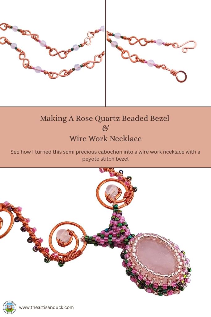 A Pinterst pin showing a wire work necklace with rose quartz pendant. The rose quartz has a peyote beaded bezel around it.